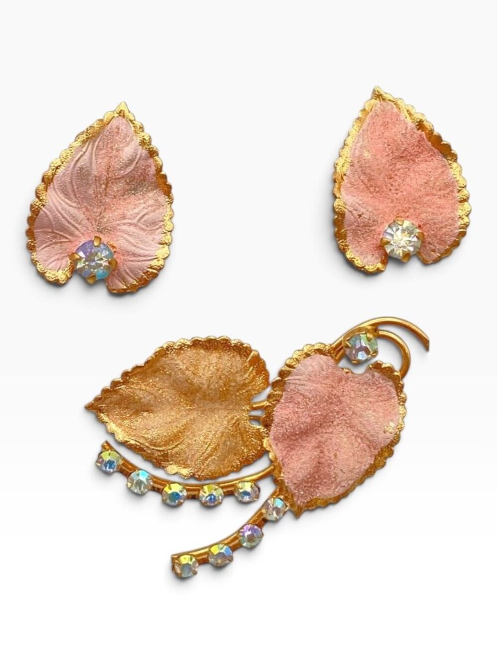 Vintage Pink Leaf Brooch Clip Earrings Demi Parure AB Rhinestones Gold Tone Set!